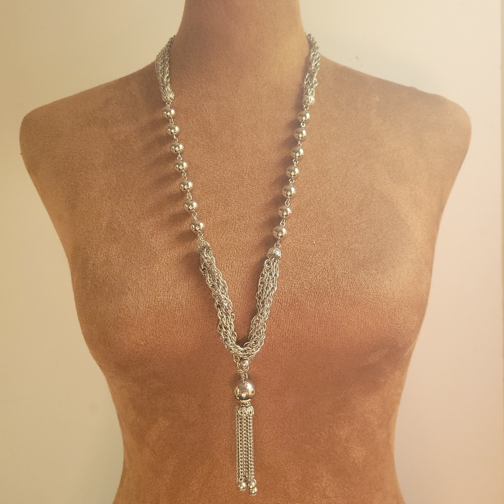 Vintage Silver Tone Tassel Bead Multi Strand Long Necklace One Size Retro